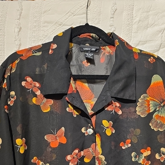 MORGAN COLE Black and Orange 3/4 Sleeve Silk Blouse - Picture 4 of 12